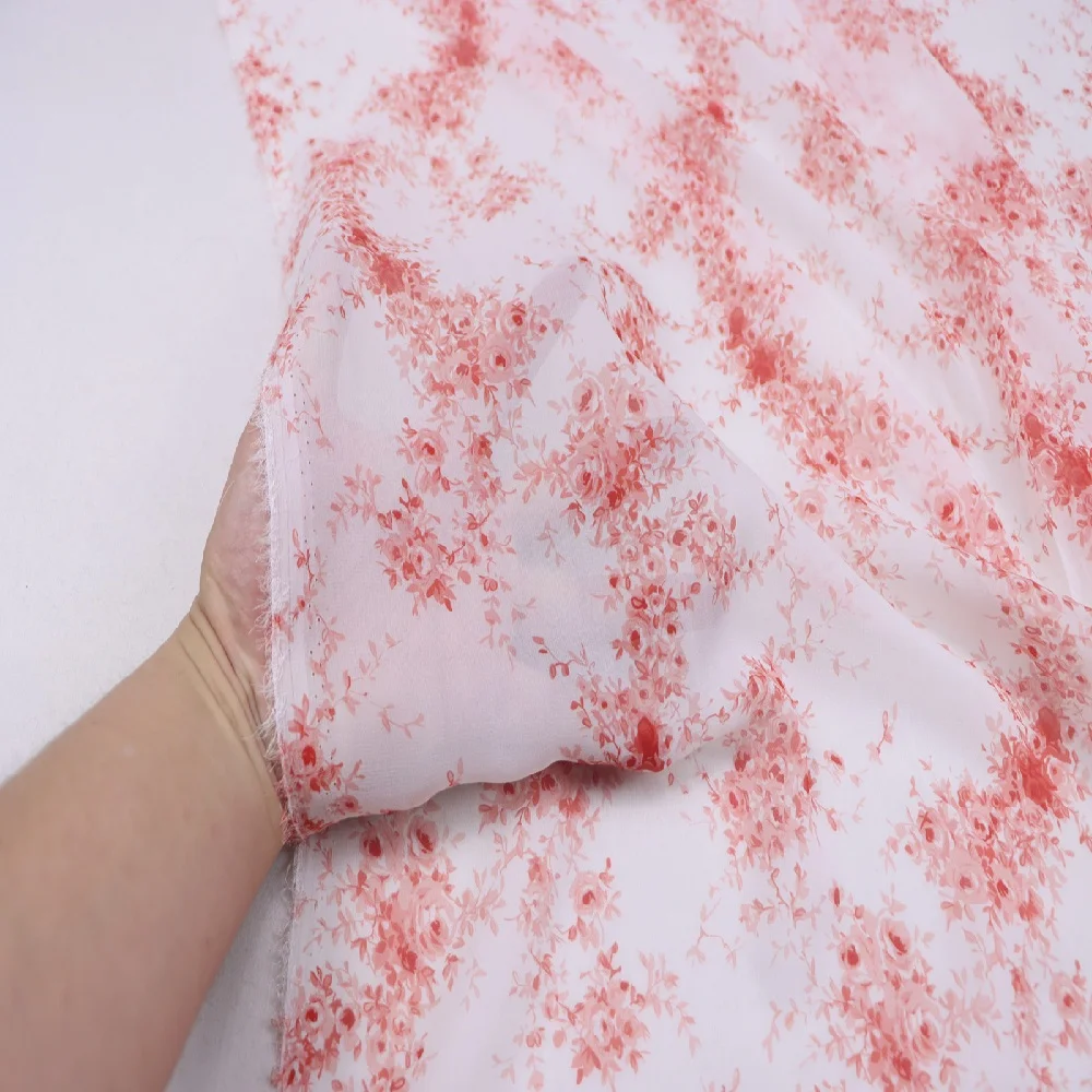 Nice Quality Printed Flowers White Base Red Flowers 100% Silk Georgette Fabric GGT for Spring Summer Shirt Dress Cloth view 5