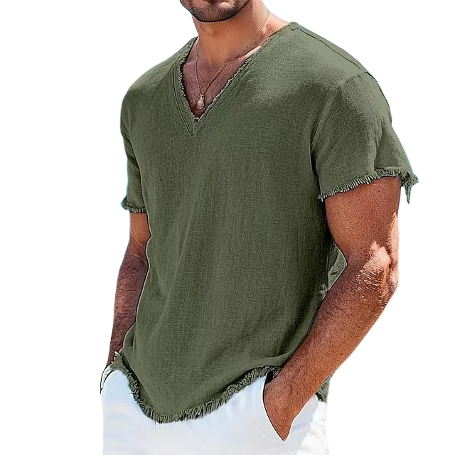 2026 Men's Summer Shirt Men's Retro V-Neck Cotton Linen Shirt Hawaii Casual Short Sleeve Beach Tops Outdoor Vacation Shirt