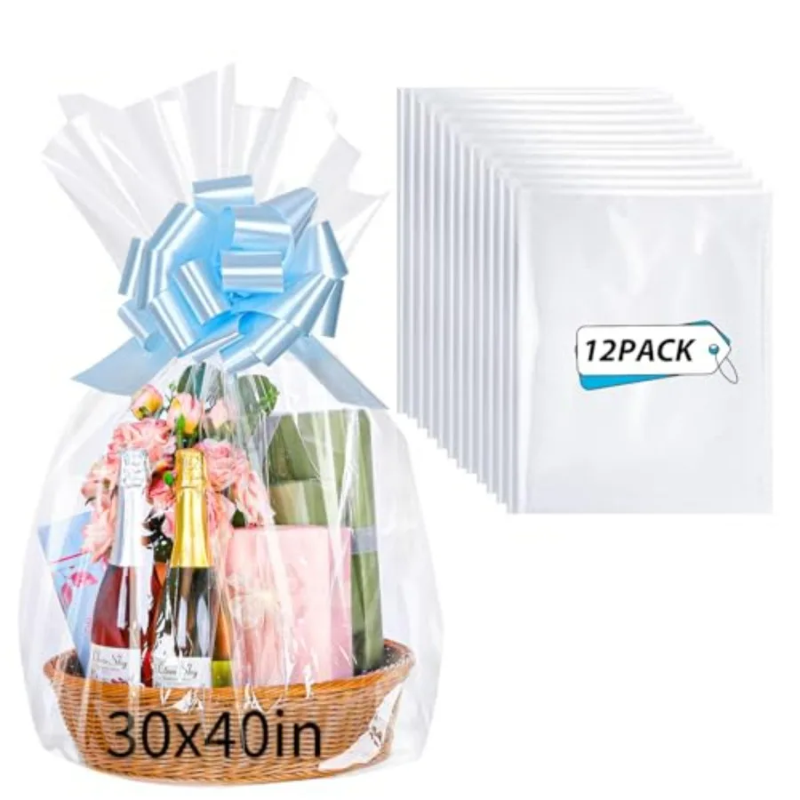 Paquete de 12 Bolsas de Celofán Transparentes Grandes para Regalos, Envoltorios de Celofán para Cestas de Regalo, Día del Padre, Recuerdos de Fiesta, Baby Shower, Regalos para Maestros