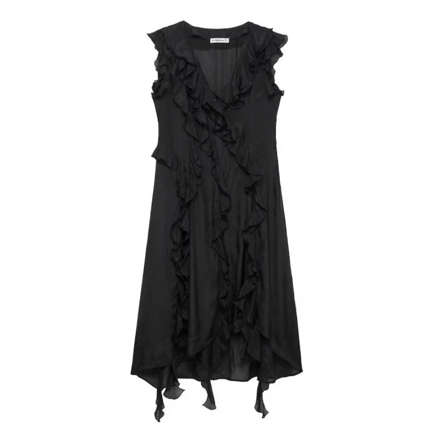 

【New style】Fengchun women's clothing black ruffled wrap dress 6166