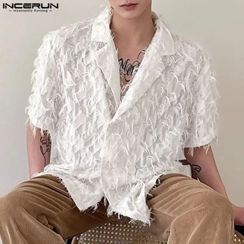 INCERUN Men\'s Shirt Tassel Patchwork Transparent Lapel Short Sleeve Men Clothing Streetwear 2024 Fashion Casual Shirts S-5XL