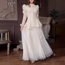 VGH Elegant Solid Two Piece Sets For Women Stand Collar Long Sleeve Spliced Appliques Tops High Waist Mesh Skirt Chic Set Female