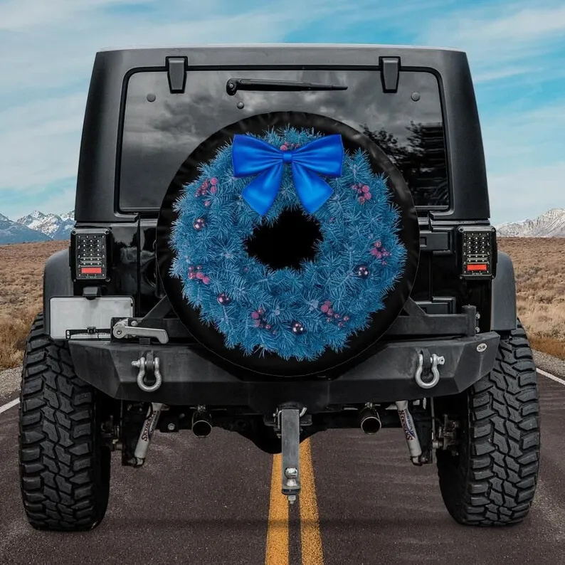 Blue Christmas Wreath Spare Tire Cover, Backup Camera, Blue Xmas Tire Cover, Christmas Car Accessories for jeeps, Rear camera ti