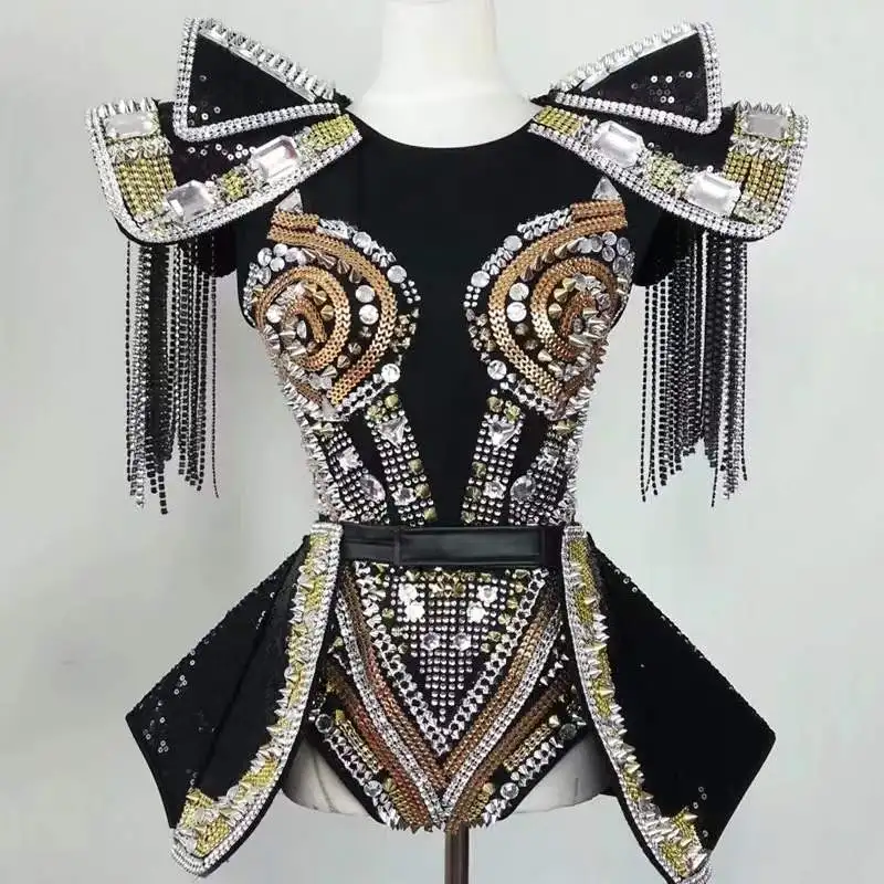 Crystals Stones Bodysuit Nightclub Dancer Stage Show Catsuit Dance Outfit New Armor Style Bar Female DJ DS Costumes