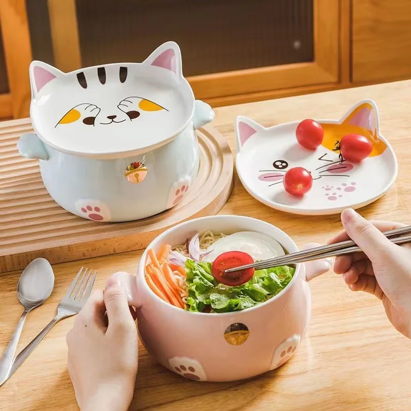 1100ml Cartoon Cat Ceramic Instant Noodle Bowl With Lid Underglaze Color Soup Salad Bowl Kitchen Student Lunch Box