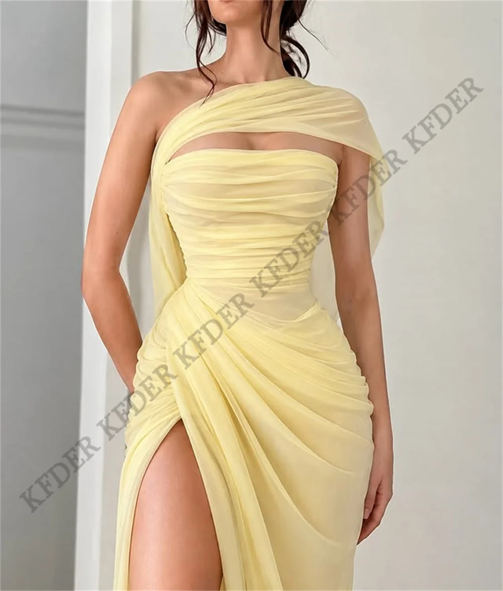 Yellow Long Side Slit Prom Dresses Guest Formal Gowns Chiffon One Shoulder Mermaid Bridesmaid Party Dress Customizd
