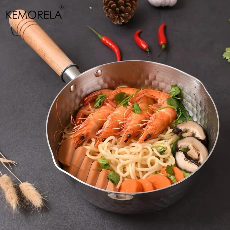 Stainless Steel Milk Pot Saucepan With Lid Anti-scald Wooden Handle Household Food Pan Instant Noodles Dishwasher And Oven Safe