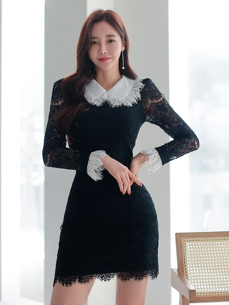 Mujer encaje Vintage coreano lindo vestido de cita para mujeres dulce blanco negro Patchwork Vestido corto mujer Oficina señora Vestidos primavera