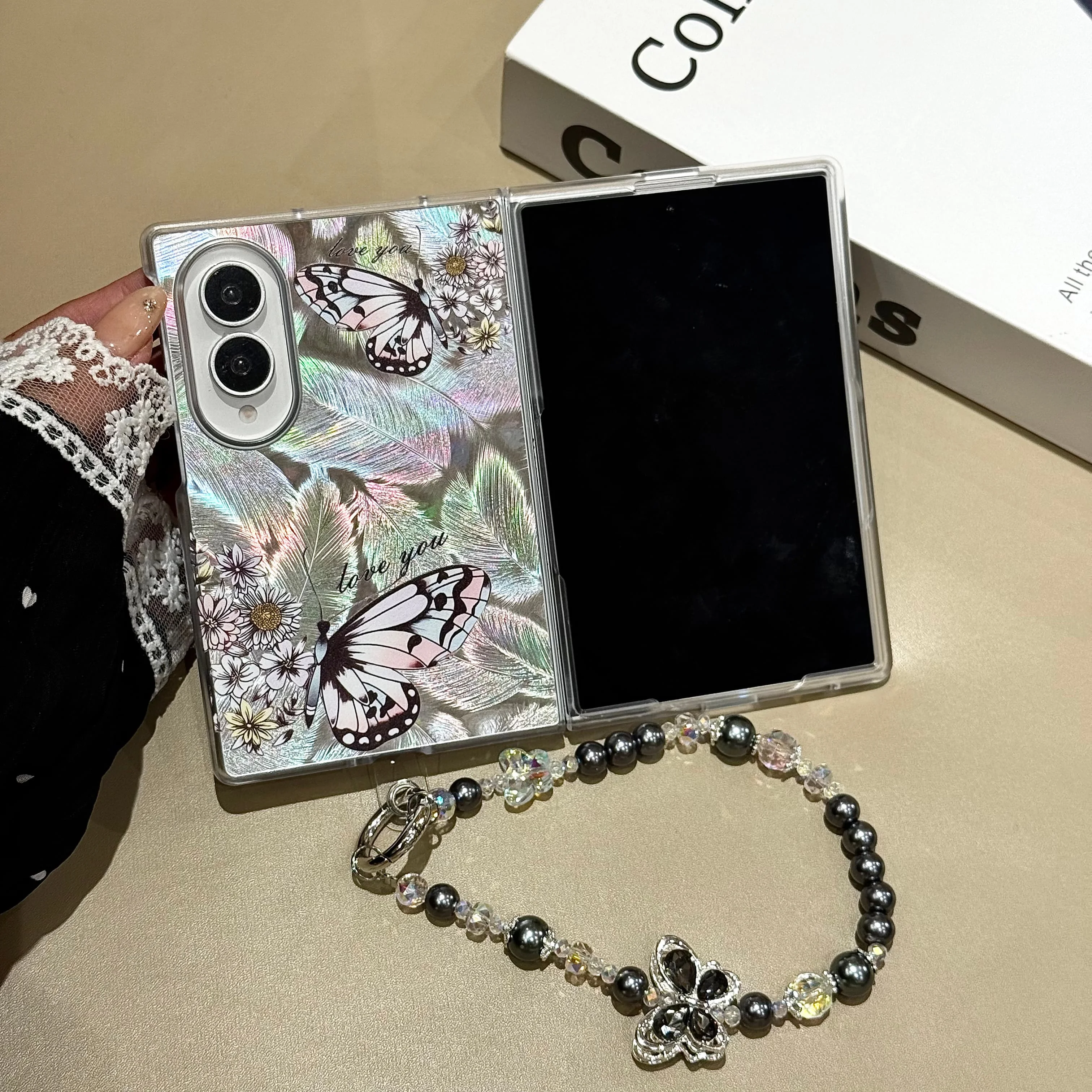 Butterfly Foldable Phone Case For Samsung Galaxy Z Fold 8 Ultra 7 6 5 4 3 Floral Print Hinge Hard Cover With Black Pearl Flower
