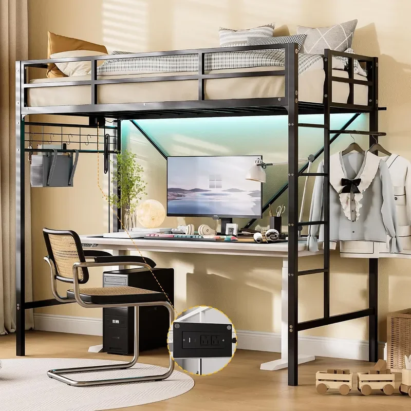 Loft Bed Twin Size with Built-in Power Outlet LED Lights Clothing Hanger Storage Pouch Heavy Duty Metal Safety Guard Rail for