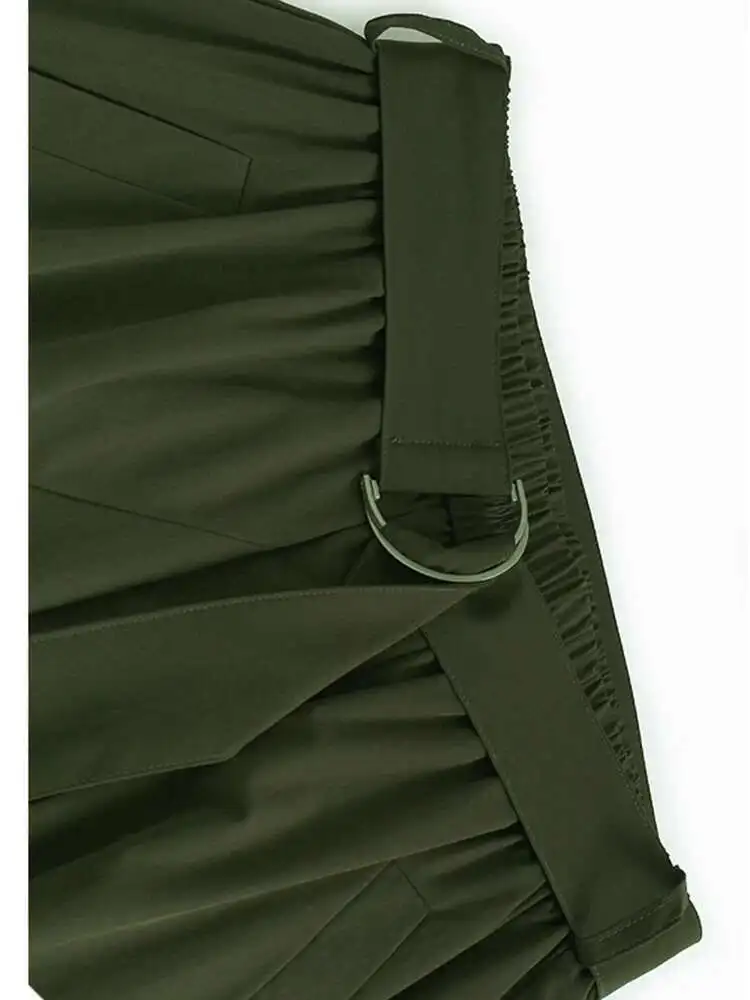 مرونة عالية الخصر الكاكي مطوي مربوط الرباط ألف خط نصف الجسم تنورة المرأة موضة جديدة ربيع الخريف