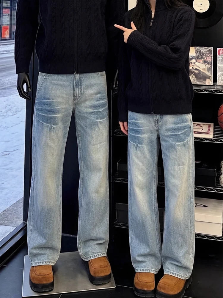 

Blue Lightning Pattern Men's Jeans Straight Leg Micro Flared Long Trousers Winter High Street American Vibe Sle Casual Wear