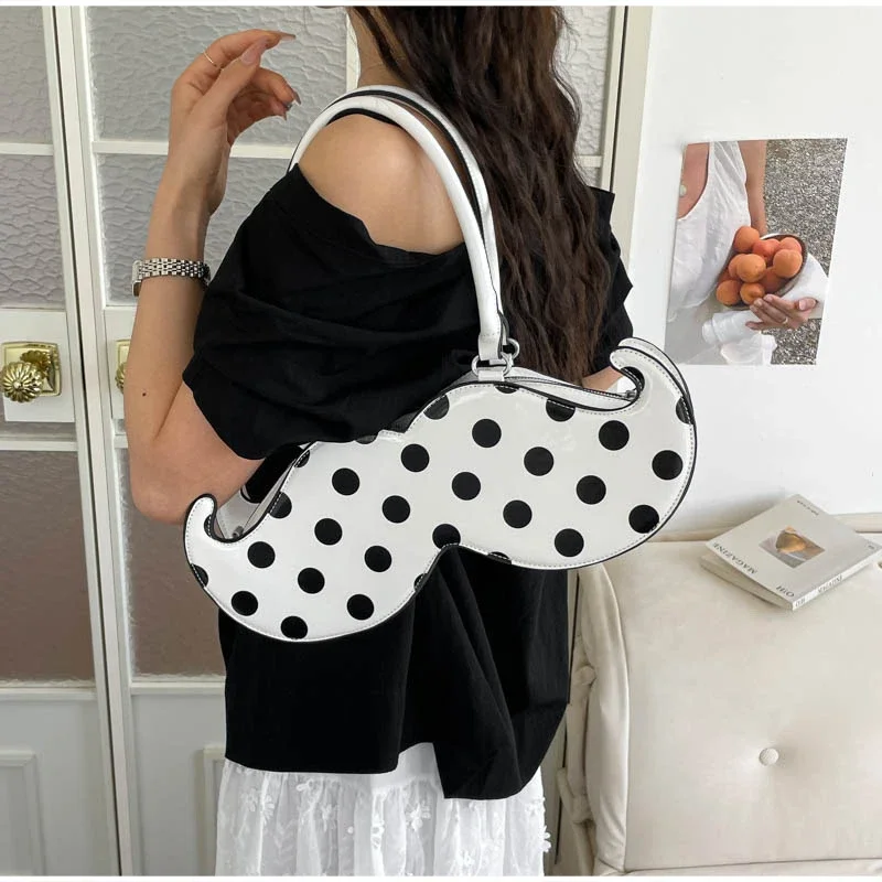 Mustache Shape Polka Dot Hobo Schultertasche, süße, niedliche, ausgefallene, kreative Handtasche für Damen, leichte Alltagstasche im Nischendesign – Detail 19