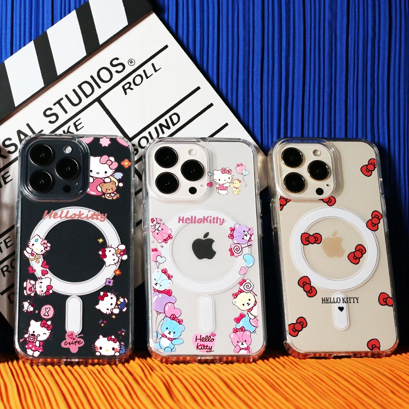 

Hello Kitty Phone Case For IPhone 16 15 14 13 12 11 Pro Max Plus 12 13 Mini 16E Clear TPU Magnetic Wireless Charge Magsafe Cover