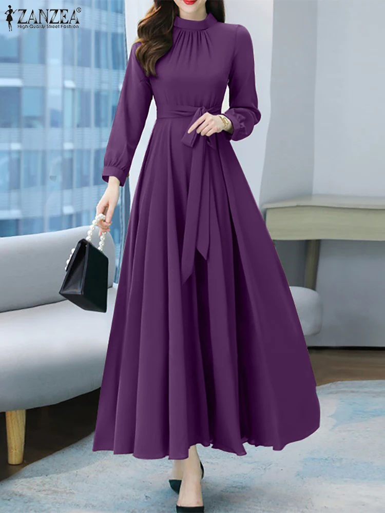 ZANZEA damska sukienka letnia z długim rękawem w kształcie litery A wiosenna długa sukienka jesień jednolita impreza świąteczna sukienki Maxi Vestidos Femme Vintage szata