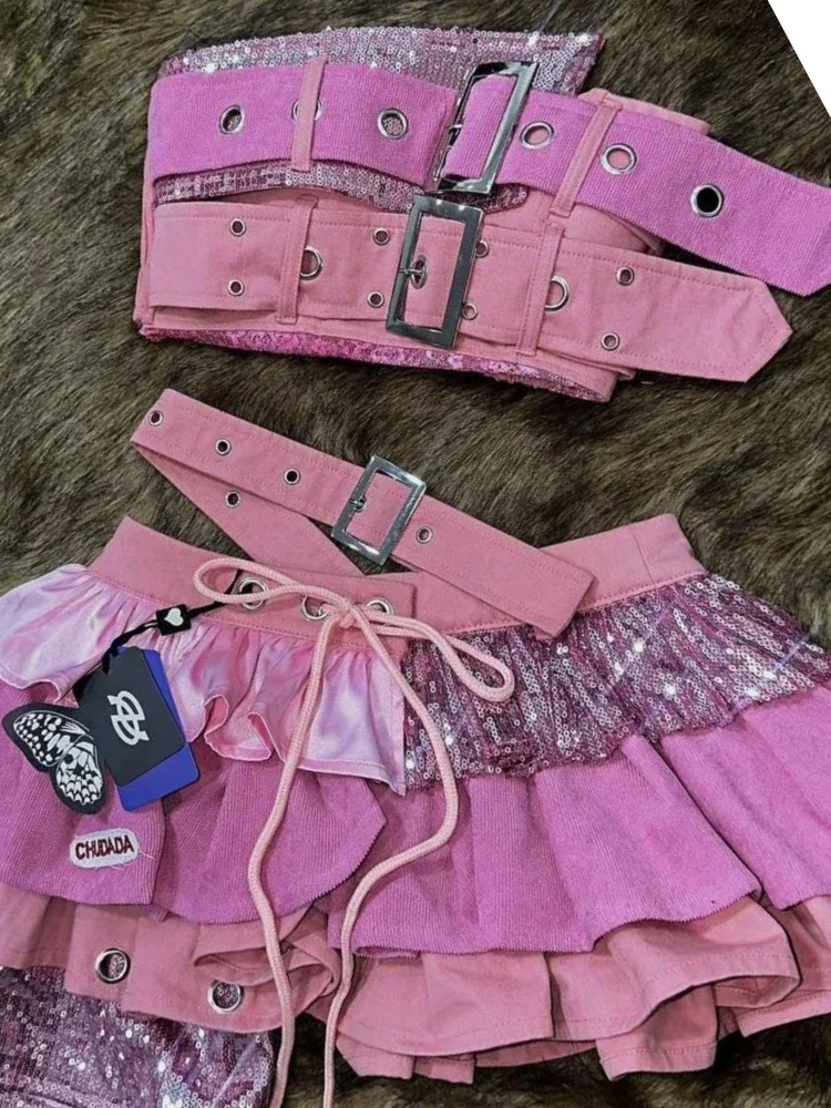 Set da 2 pezzi donna stile punk anni 2000 top senza spalline eleganti estetici + gonna a volant a vita alta abiti popolari coreani chic femminili