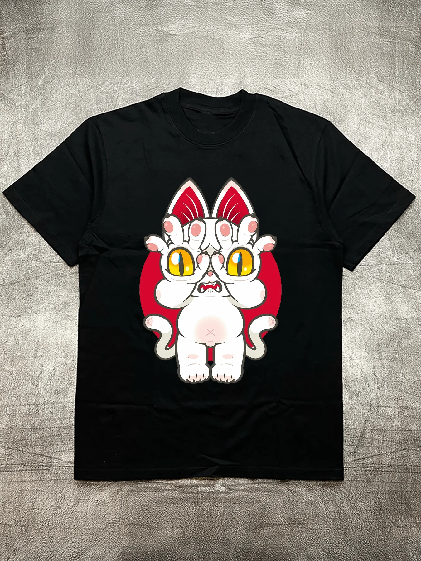 Men's Black 200g Cotton T - Shirt - Fun Adorable Cat Whimsical Image Heat Transfer Print Round Neck Short Sleeve