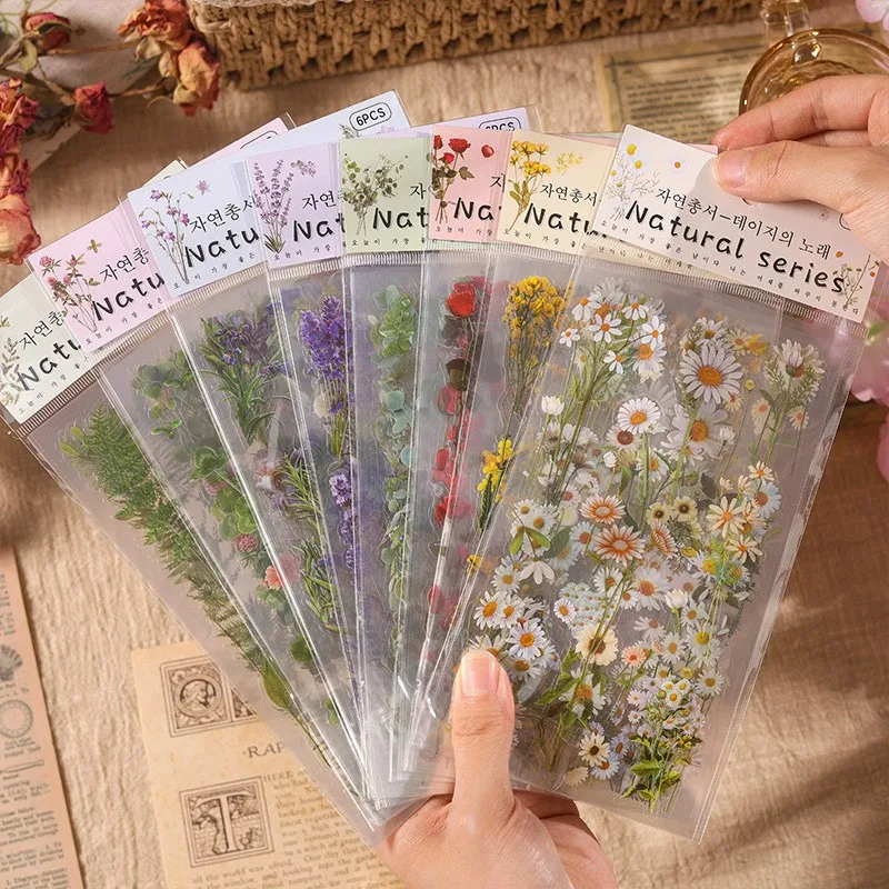 6 Pcs Scrapbook Stickers Flower Stickers Decoration Sticker Planner Stickers Assorted Plant Stickers Clear PET For Scrapbooking 