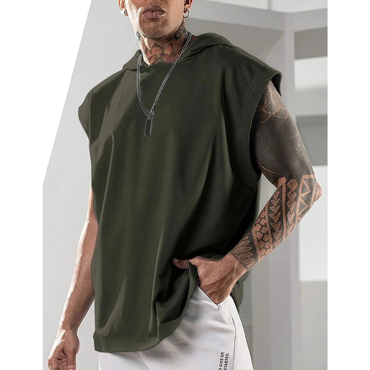 2024 Men Tank Top Fitness Training Pullover Leisure Fashion Sleeve Men\'s Hooded Vest Solid Color Tank Tops For Male