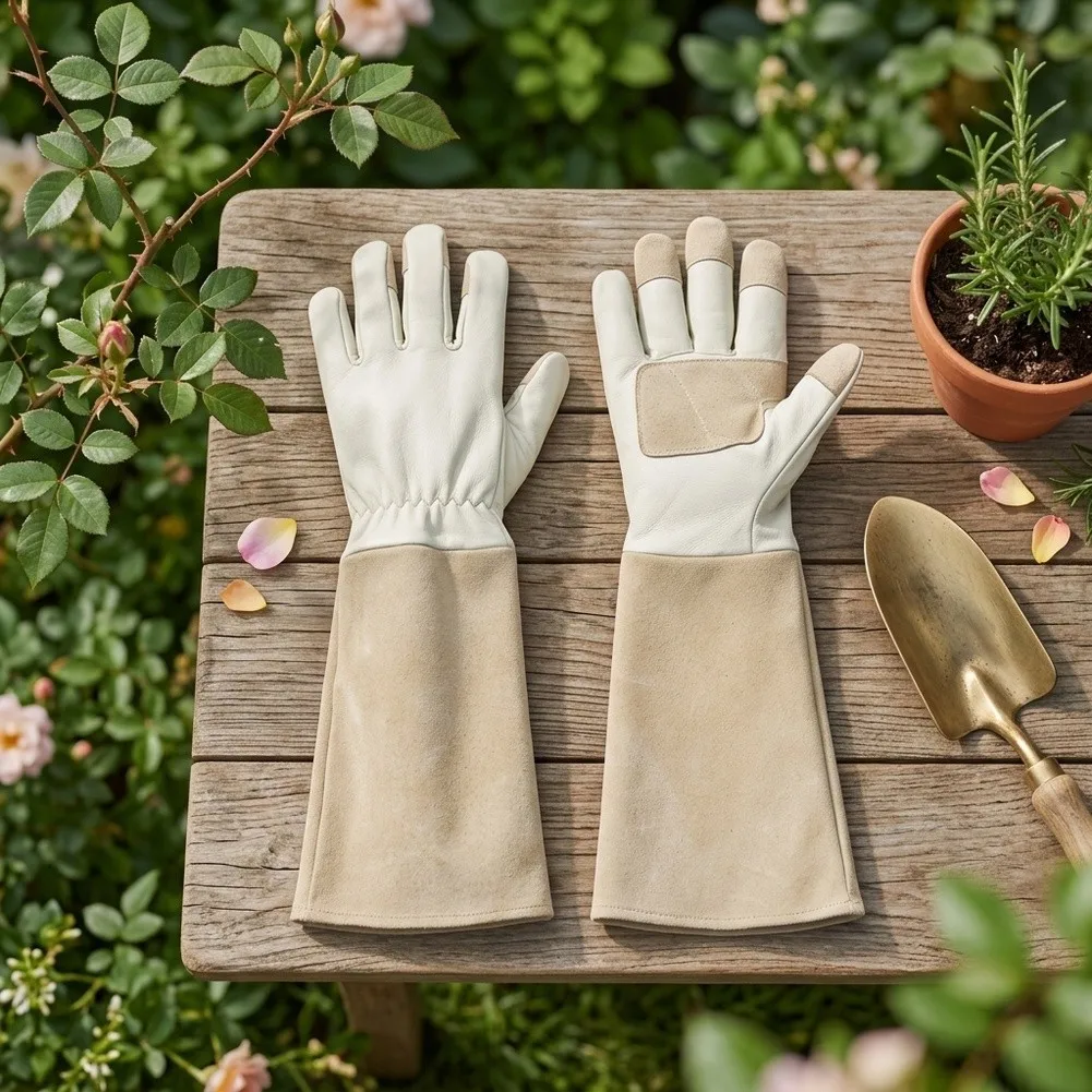 1 Pair Air Permeable Pigskin Gardening Gloves Extended Cuff for Outdoor Planting Trimming and Prickly Plant Care