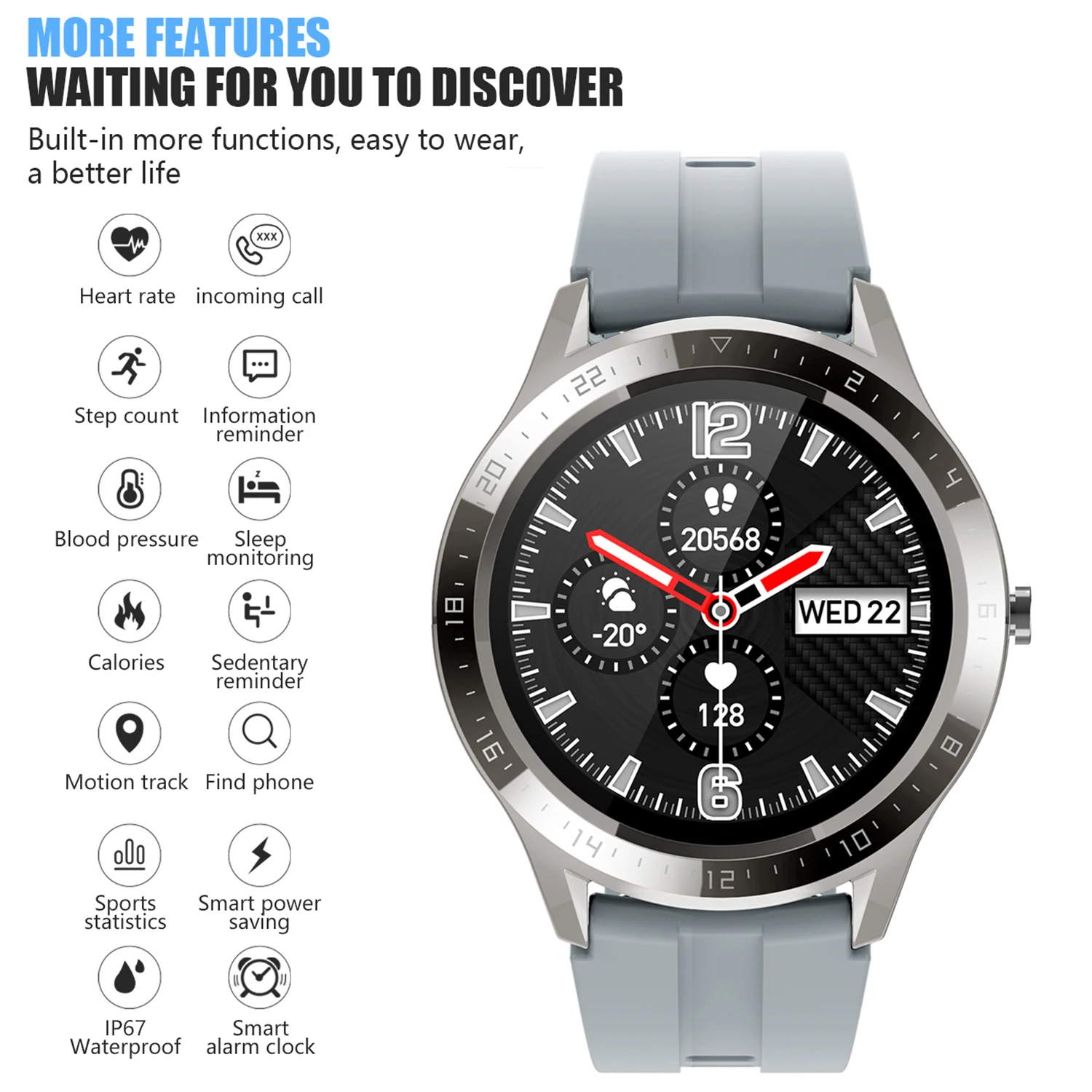 Sport Smart Watch Men Calling Message Reminder Heart Rate Sleep Monitor Step Count Silver Dark Gray IP67 Waterproof Smartwatch