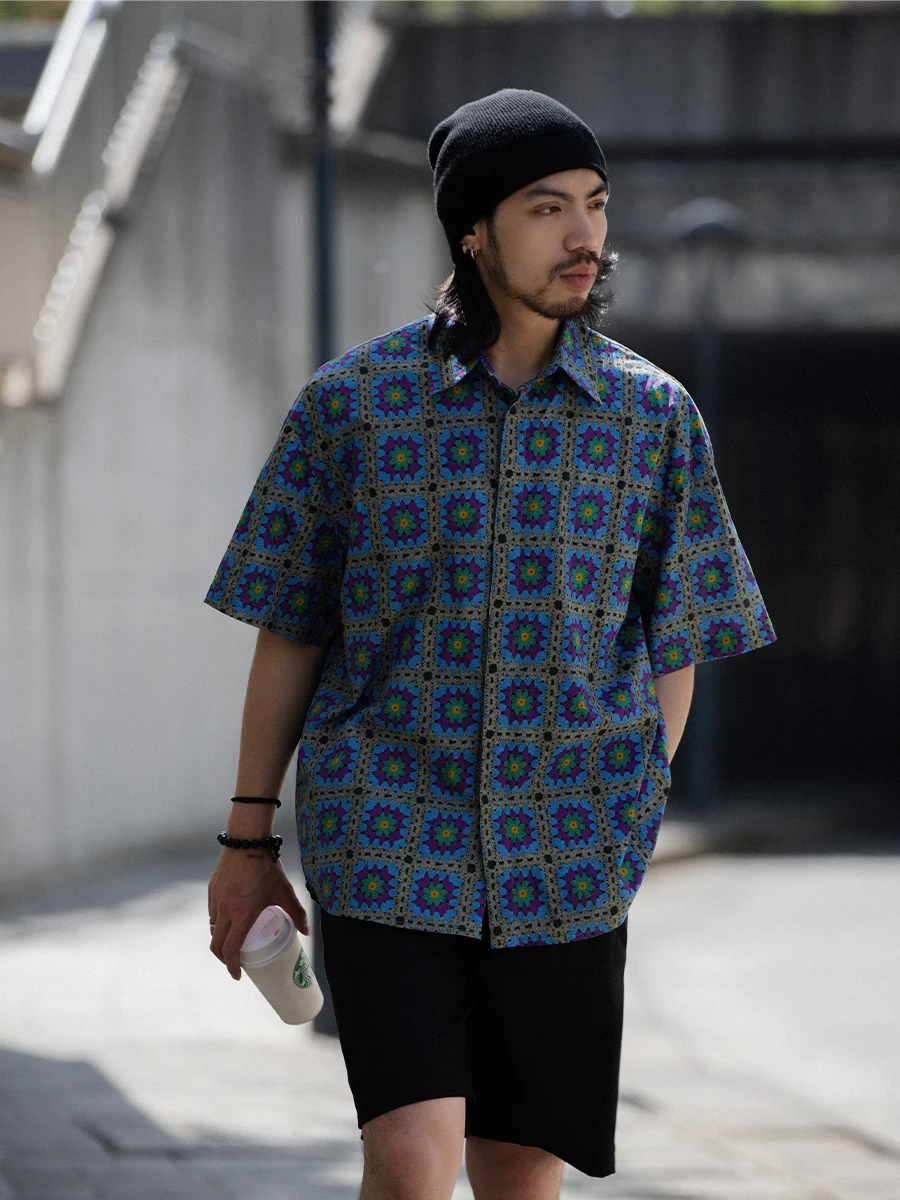

NOEARS Japanese Sle Retro Blue Purple Floral irt Summer Casual Loose Square Collar ort Sve Breathable Men's Top
