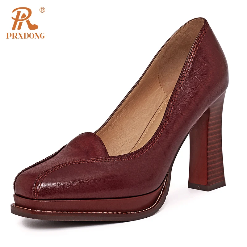 PRXDONG Women's Shoes New 2023 Classics Genuine Leather High Heels Platform Black Brown Dress Office Lady Retro Pumps Size 34-39