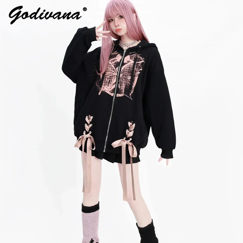 Autumn and Winter New Girls Long Sleeve Ribbon Printed Loose Hooded Zipper Hoodie Coat Female Casual Loose Black Cardigan