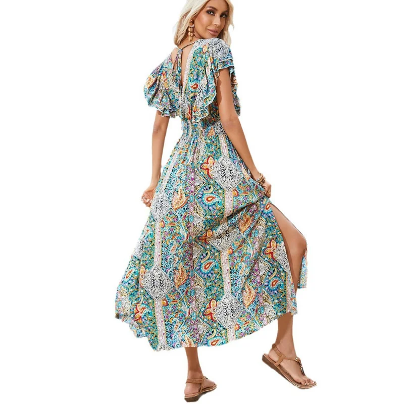 Women's SummerVCollar Backless Rayon Printed Ruffled Short Sleeves Split Beach Dress