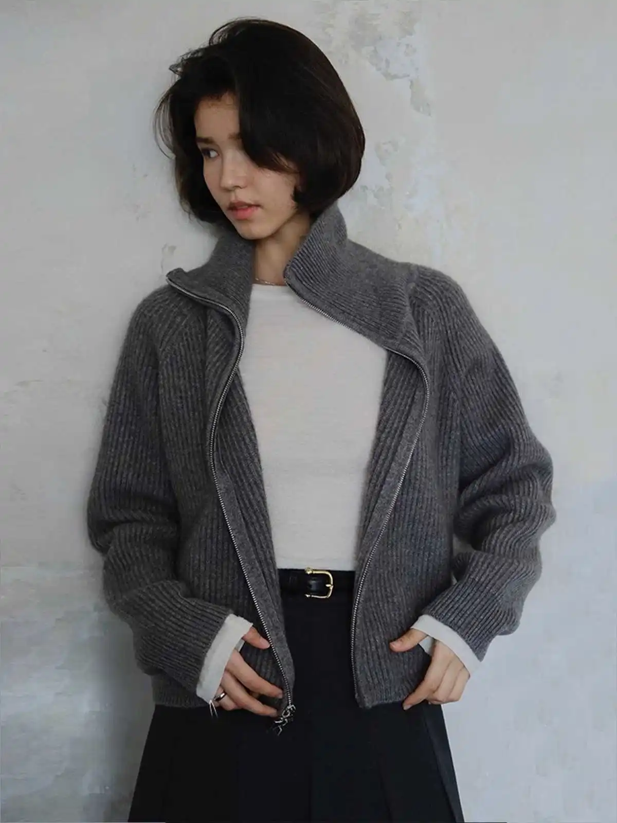 

French Retro Gray Double Zipper Sweater Jacket For Women'S Autumn And Winter Thick High Neck Wool Outerwear