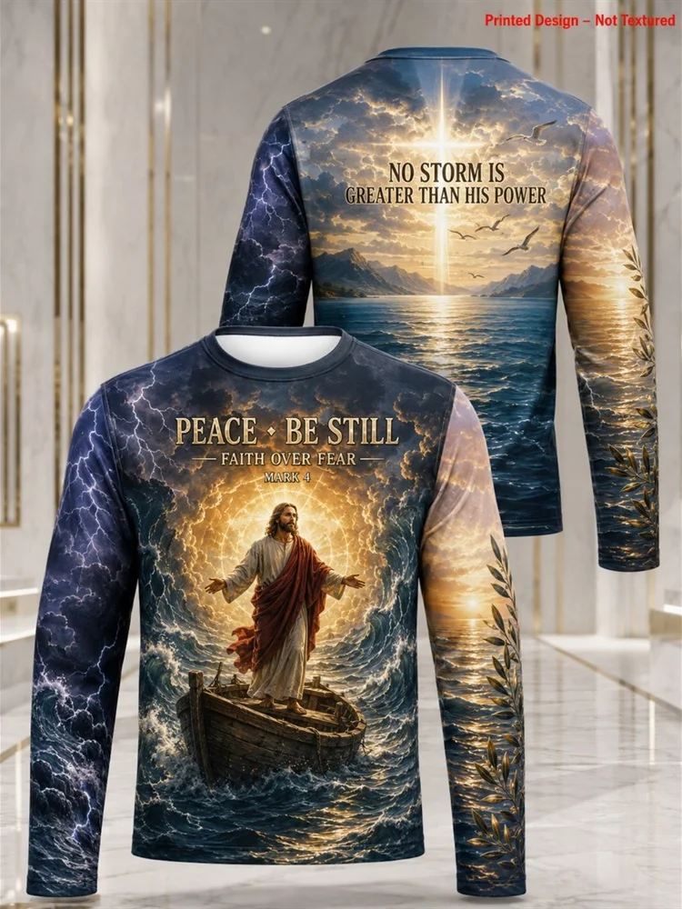 Men's Peace Be Still Jesus Storm Boat Mark 4 Christian Graphic Tee Long Sleeve T-Shirt Pullover Tops Gift New Faith Hope