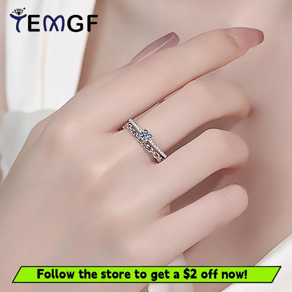 

TEMGF Full Moissanite Ring 4mm 1mm Inlay Chain Design Women's 925 Silver Double Layered Ring Birthday Fine Jewelry Gift With GRA