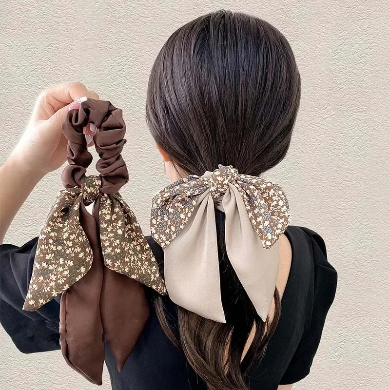 2024 جديد الكورية الأزهار Bowknot العلاقات الشعر للنساء الفتيات الحلو المطاطية شريط طويل ذيل حصان وشاح الشعر التعادل إكسسوارات الشعر