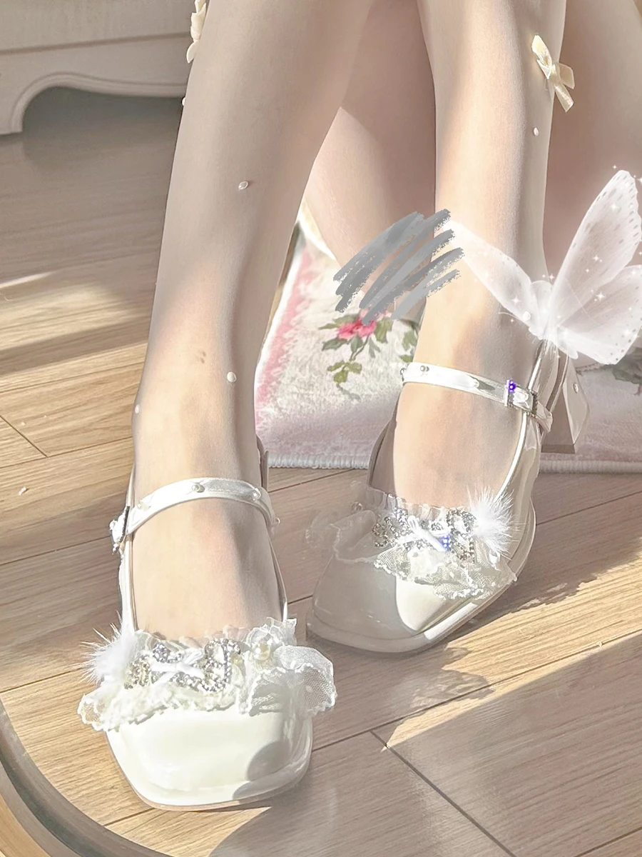 PINKYO Original Elegant Lace Bow Square Head Single Shoes New Thick Heels High Heels Women's French Lolita Shoes