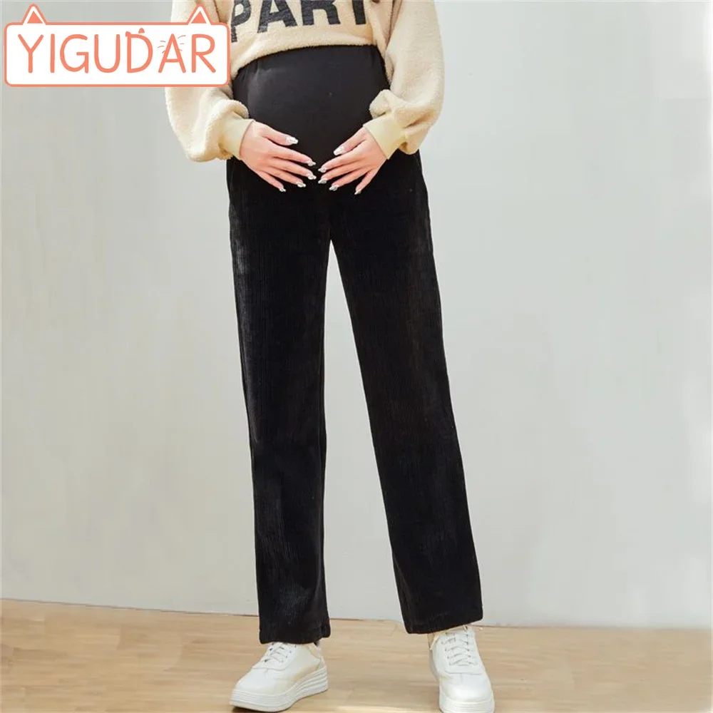 Pregnant Women's Pants Chic Fashion Vintage High Waist Female Trousers Wide Leg Slacks Popular Thicker Warm Korean Style Soft