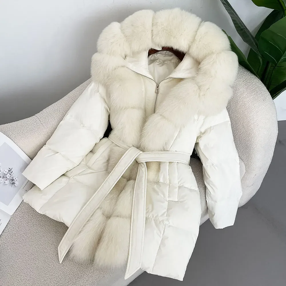 Luxuriöse Winter Frauen Mantel Echte Natürliche Fuchs Pelz Kragen Dicke Warme Jacke Casual Weiße Ente Unten Outwears Mid-länge streetwear