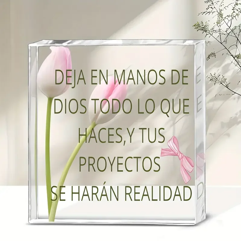 2D Flat, 1pc Spanish Christian Religious Acrylic Tabletop Decor - Pink Tulips & Spanish Inspirational Bible Verse