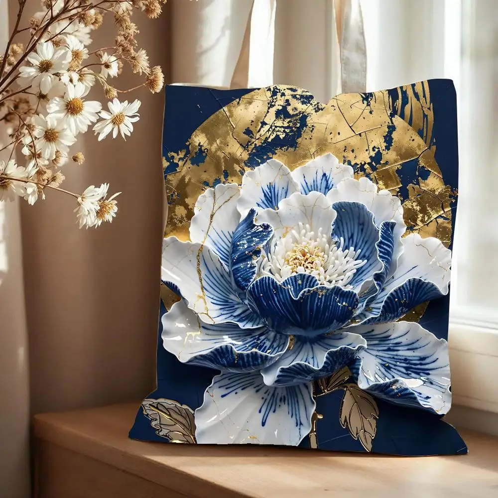 Porcelain Pattern Storage Bags Canvas Tote Bag Large Capacity Double-Sided Print Reusable Shopping Bag Eco-Friendly Shoulder Bag