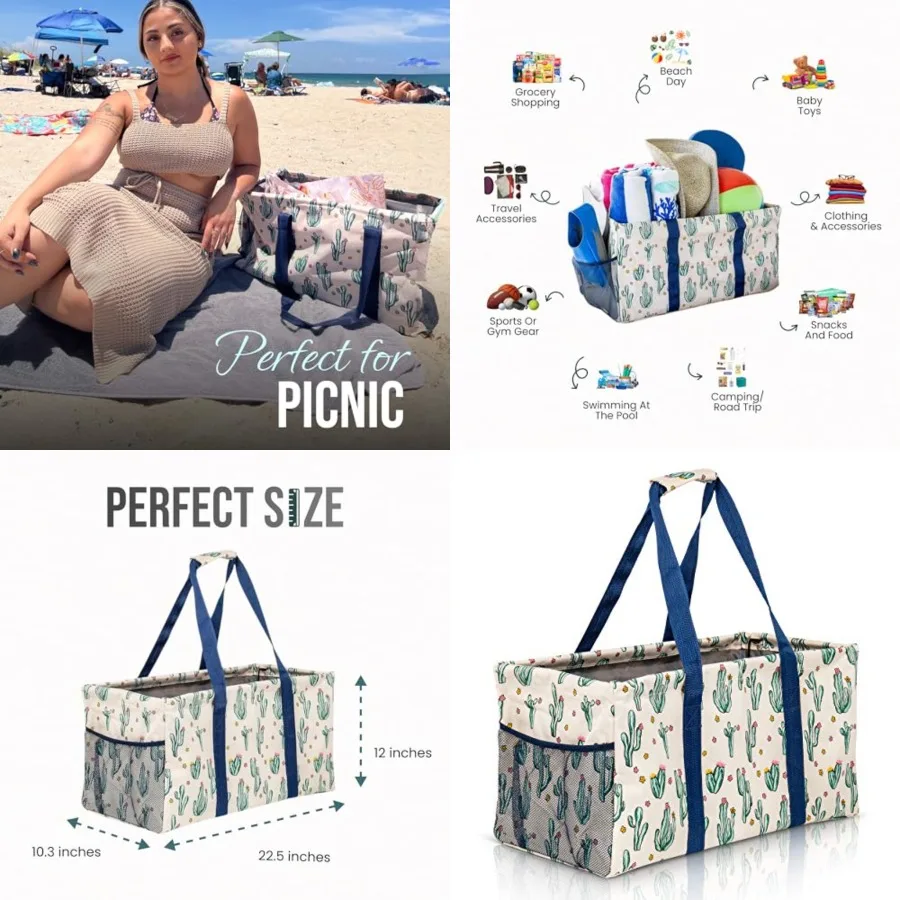 

Extra Large Utility Tote Bag, Oversized Collapsible Reusable Wire Frame Rectangular Canvas Basket With Two Exterior Pockets For