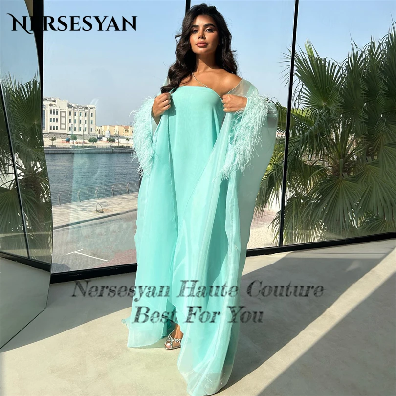 Nersesyan Green Chiffon Abendkleider lange Cape Federn träger lose Party kleider eine Linie drapiert Saudi-Arabien Vestidos de Fiesta