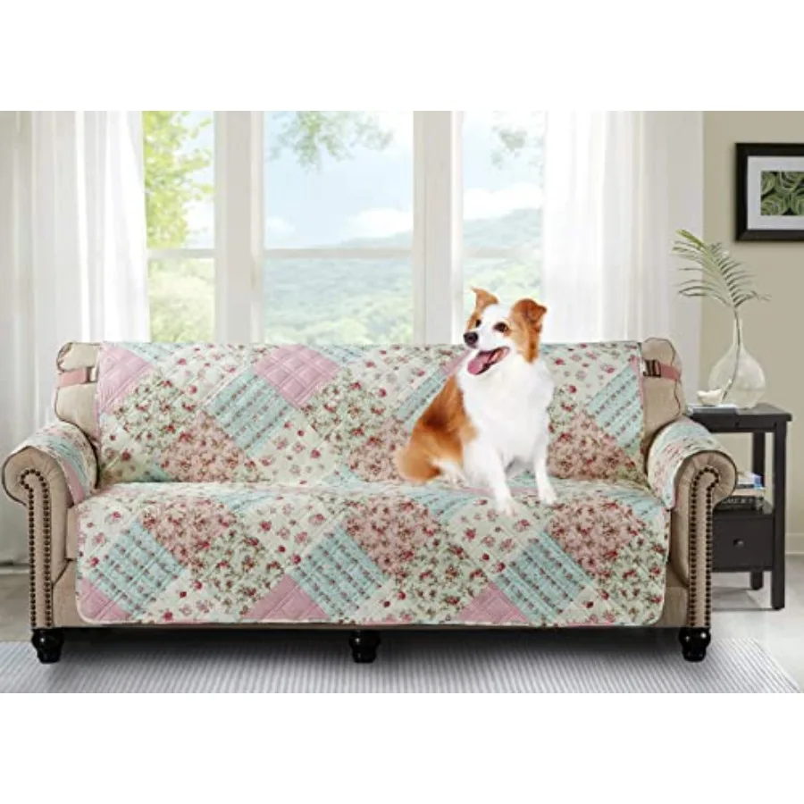 

Чехол для дивана с узором из лоскутов и роз, стеганый, очень большой, для диванов шириной 78 дюймов, противоскользящий, защита для мебели, с ремешками 2 дюйма, моющийся
