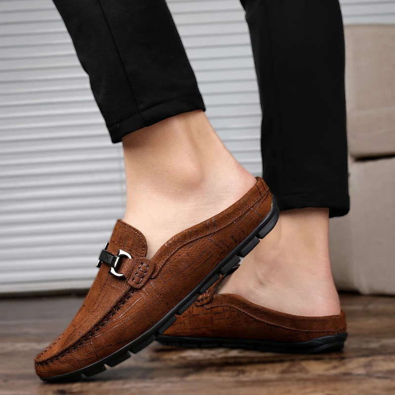 Men Summer Fashion Casual Mules Male Breathable First Layer Cowhide Loafer Slippers Open Back Flat Genuine Leather Half Sandals