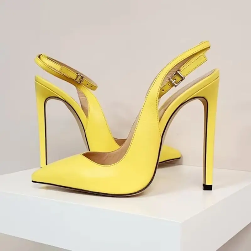 

Sexy Yellow Matte Leather Slingback Women Shoes Pointed Toe Ankle Strap 12CM 10CM 8CM Stiletto High Heels Pumps Size 45