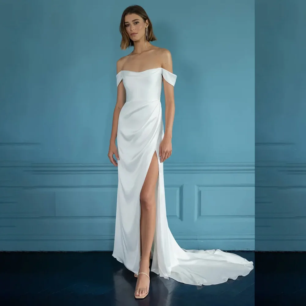 

Simple Off the Shoulder Satin Pleated Wedding Dress with Train Backless Mermaid Side Slit Bridal Wedding Party Gown Customized