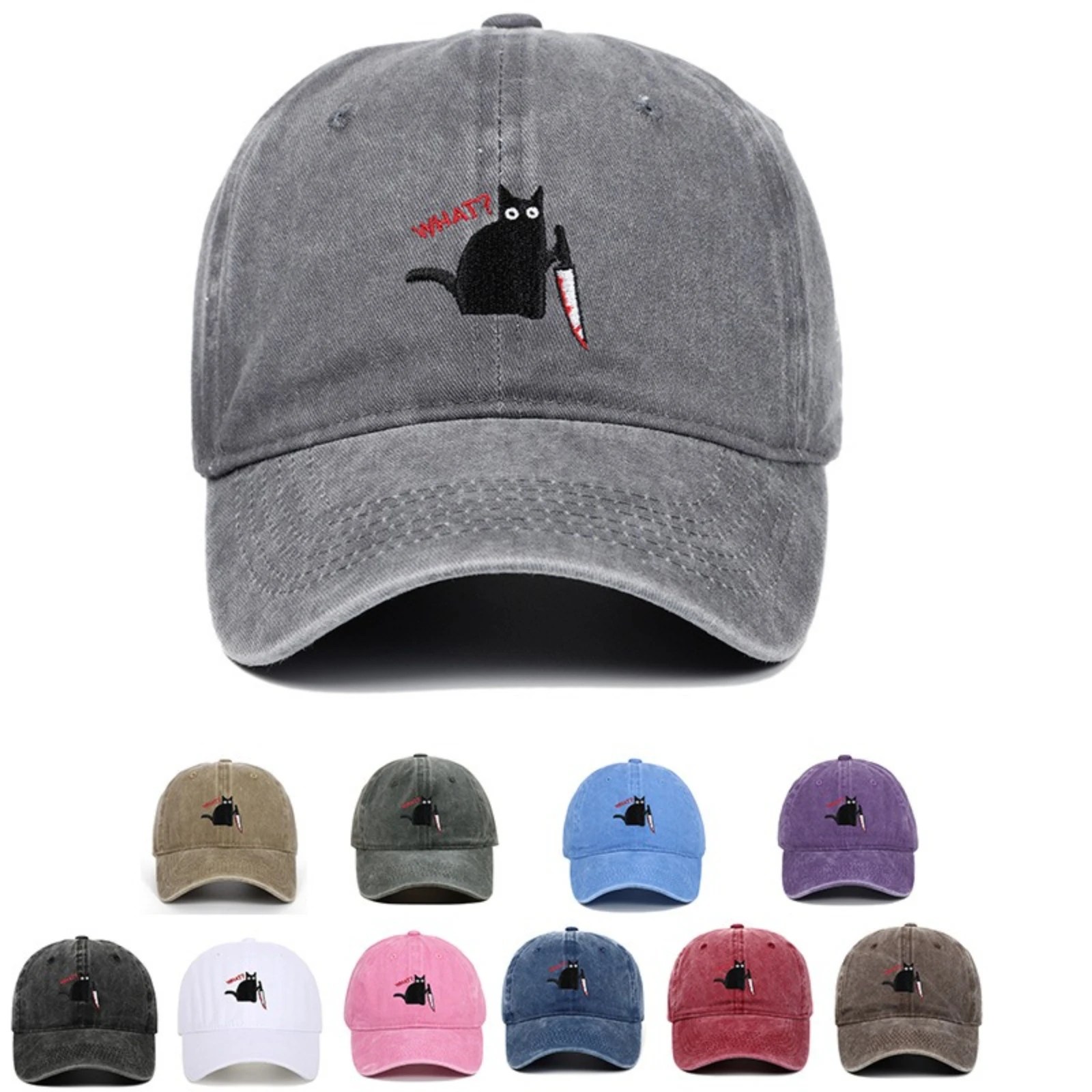 1pc Washed Embroidery Knife with Cat Baseball Hats Cap Old Summer Spring Outdoor Dad Caps Woman Man Couple Soft Retro Top Caps