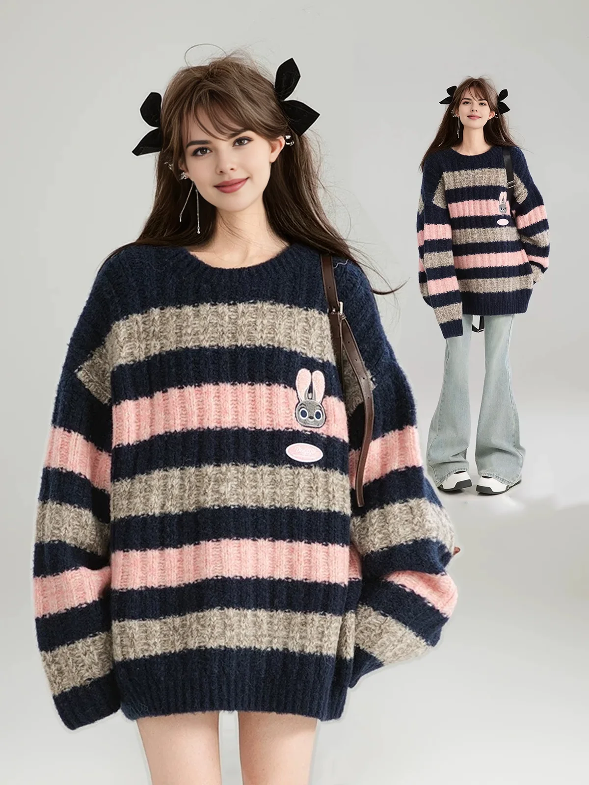 2024 Winter Women y2k Baggy Kawaii Pink Striped Sweaters fo Sweet Coquette Cutecore girl Knitted Pullovers Top Oversized Clothes