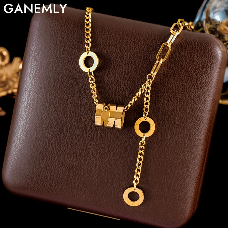 

GANEMLY 316L Stainless Steel Roman Numeral Roundel Pendant Necklace For Women New Trendy Neck Chain Non-fading Jewelry Gift
