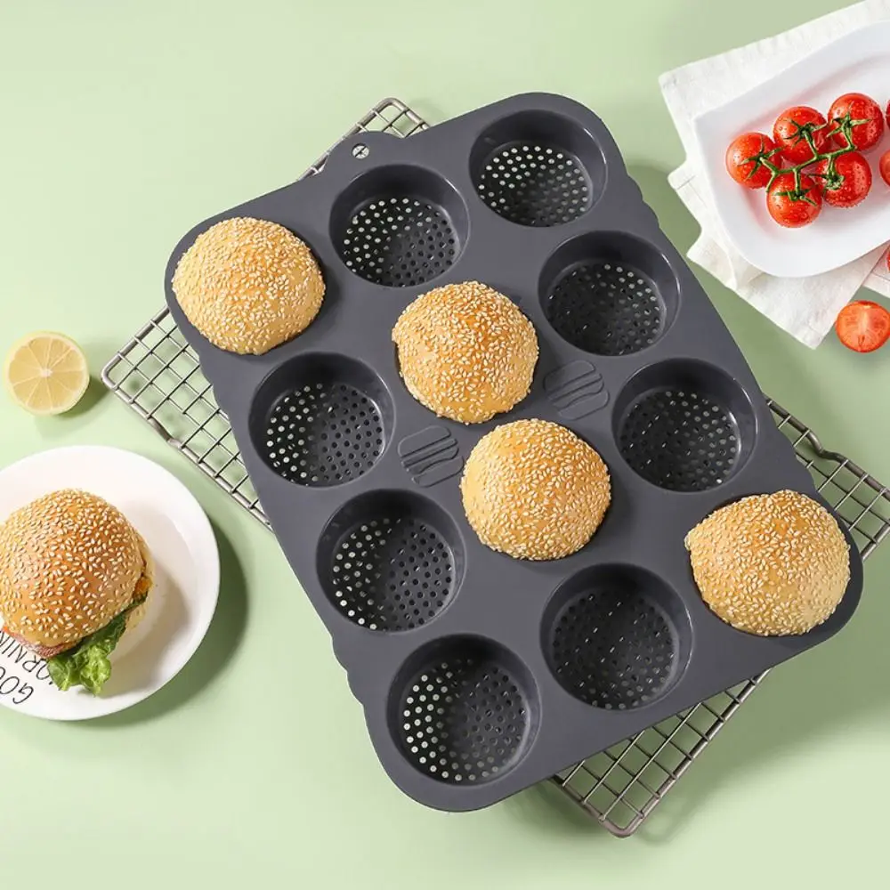

Non-Stick Hamburger Bread Baking Mold Food Grade Heat Resistant Silicone Hamburger Bun Mold Porous Design Reusable