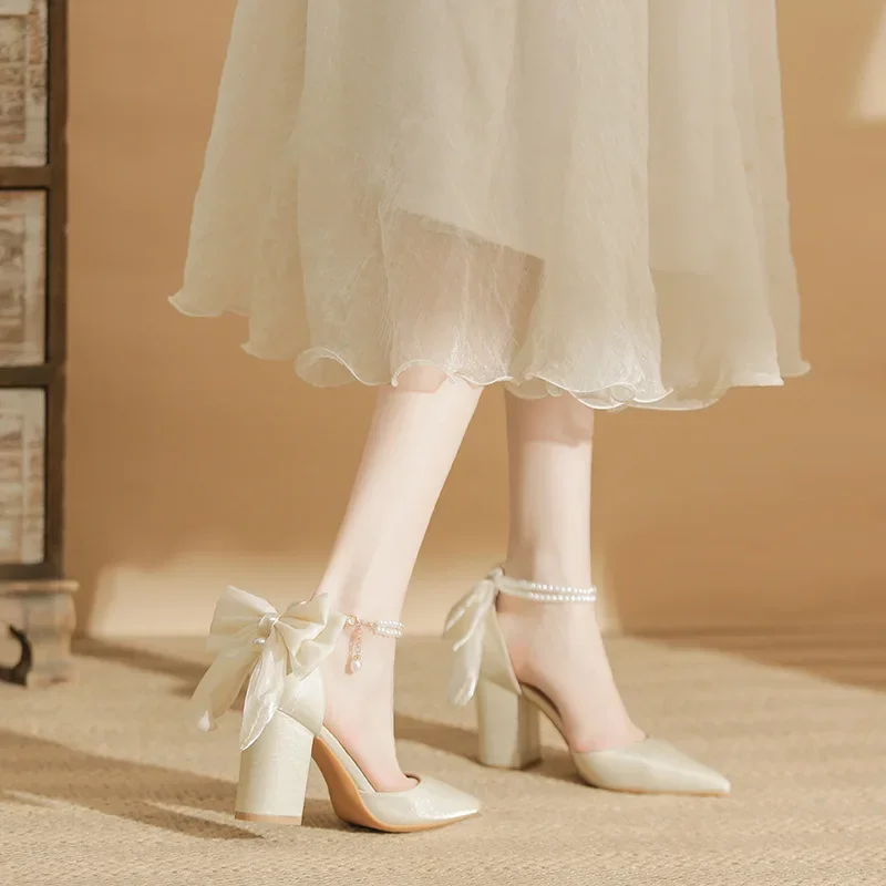 Size 31-43 Bow High Heels Women Pointed Hole Shoes Beige Wedding Shoes All-match Bridal Shoes