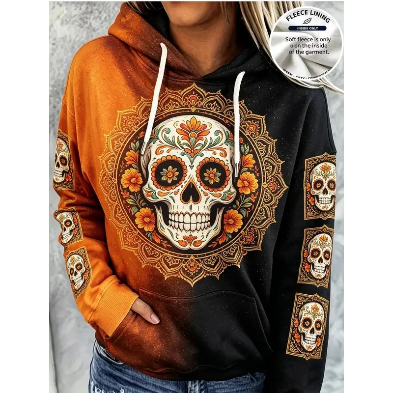 Autumn and winter orange and black gradient fleece hooded sweatshirt with skull print pockets and long sleeves a casual top